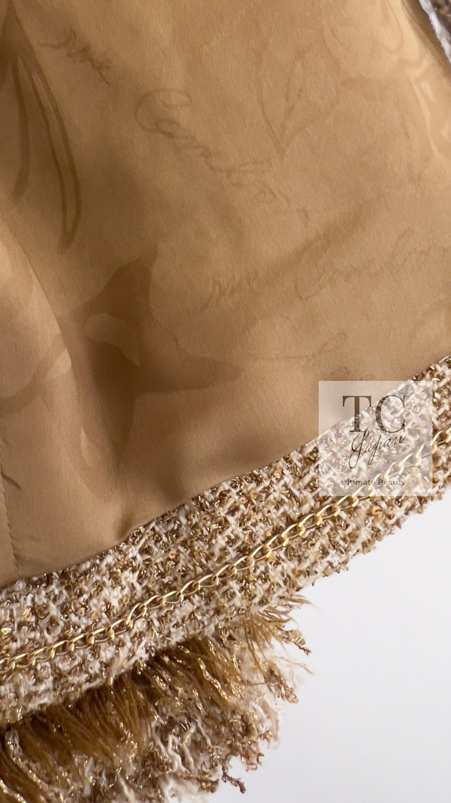 CHANEL 13C Gold Creme Silk Fringe Collarless Tweed Jacket Skirt Suit 34 36 | HK