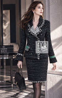 CHANEL 09A Black Green Wool Silk Mohair Jacket Skirt Suit 38 14