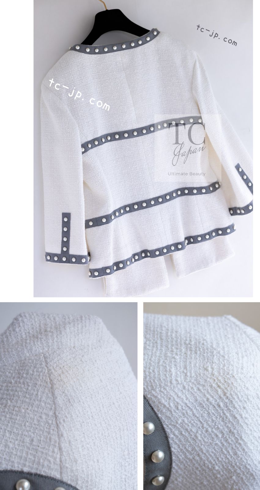 シャネル ジャケット スーツ CHANEL ホワイト グレー パール