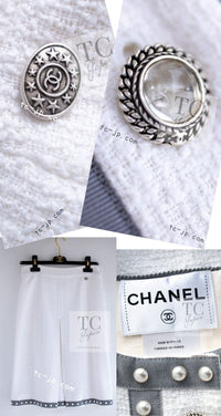 CHANEL 13S White Gray Pearl Trim Cotton Jacket Skirt Suit 40 42 シャネル ホワイト グレー パール トリミング コットン ジャケット スカート スーツ 即発