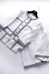 CHANEL 13S White Gray Pearl Trim Cotton Jacket Skirt Suit 40 42 シャネル ホワイト グレー パール トリミング コットン ジャケット スカート スーツ 即発