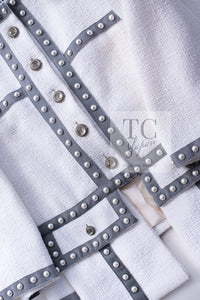 CHANEL 13S White Gray Pearl Trim Cotton Jacket Skirt Suit 40 42 シャネル ホワイト グレー パール トリミング コットン ジャケット スカート スーツ 即発