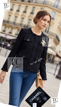 CHANEL 17C Black Cotton Denim Collarless Jacket 34 36 シャネル ブラック コットン デニム ノーカラー ジャケット 即発