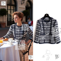 CHANEL 13S Navy White Gray Stripe Cotton Tweed Jacket 36 シャネル ネイビー ホワイト グレー ストライプ コットン ツイード ジャケット 即発