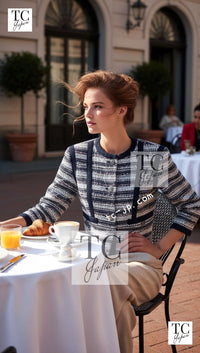 CHANEL 13S Navy White Stripe Cotton Tweed Dress 38 44 シャネル ネイビー ホワイト ストライプ柄 コットン ツイード ワンピース 即発 - TC JAPAN