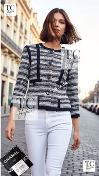 CHANEL 13S Navy White Gray Stripe Cotton Tweed Jacket 36 シャネル ネイビー ホワイト グレー ストライプ コットン ツイード ジャケット 即発