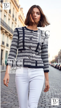 CHANEL 13S Navy White Stripe Cotton Tweed Dress 38 44 シャネル ネイビー ホワイト ストライプ柄 コットン ツイード ワンピース 即発 - TC JAPAN
