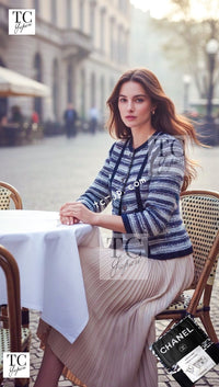 CHANEL 13S Navy White Gray Stripe Cotton Tweed Jacket 36 シャネル ネイビー ホワイト グレー ストライプ コットン ツイード ジャケット 即発
