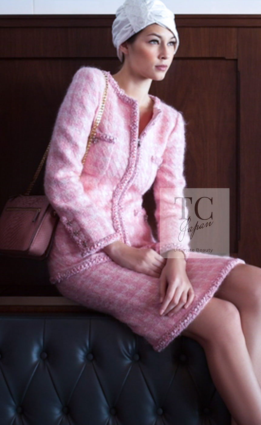 CHANEL 14A Pink White Wool Mohair Zipper Collarless Tweed Jacket 34 シャネル ピンク ホワイト ウール モヘア ジッパー ノーカラー ツイード ジャケット 即発