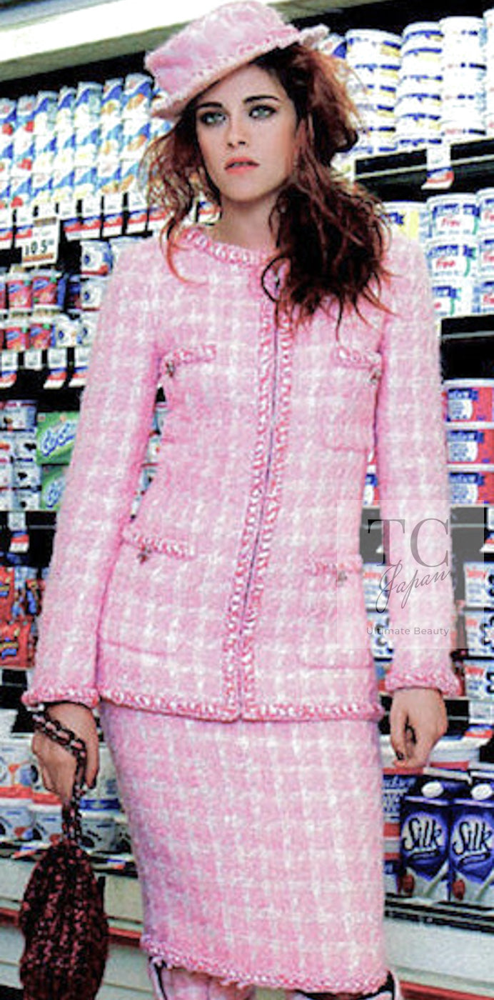CHANEL 14A Pink White Wool Mohair Zipper Collarless Tweed Jacket 34 シャネル ピンク ホワイト ウール モヘア ジッパー ノーカラー ツイード ジャケット 即発