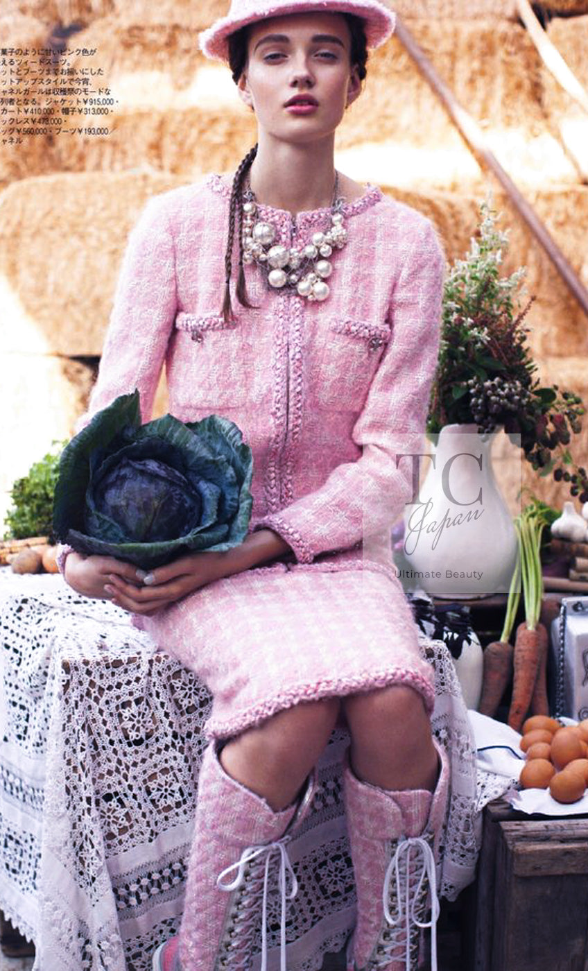 CHANEL 14A Pink White Wool Mohair Zipper Collarless Tweed Jacket 34 シャネル ピンク ホワイト ウール モヘア ジッパー ノーカラー ツイード ジャケット 即発