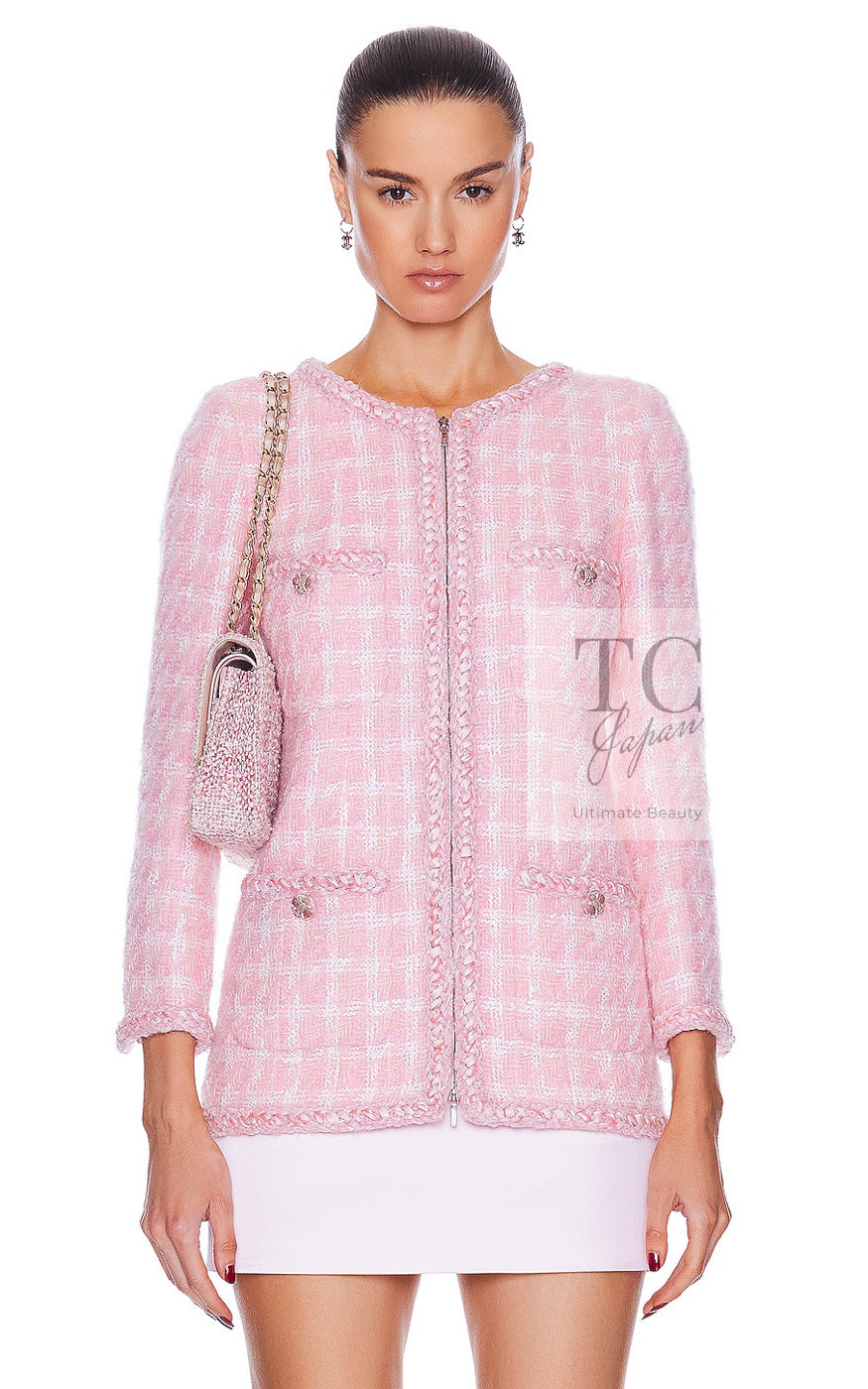 CHANEL 14A Pink White Wool Mohair Zipper Collarless Tweed Jacket 34 シャネル ピンク ホワイト ウール モヘア ジッパー ノーカラー ツイード ジャケット 即発