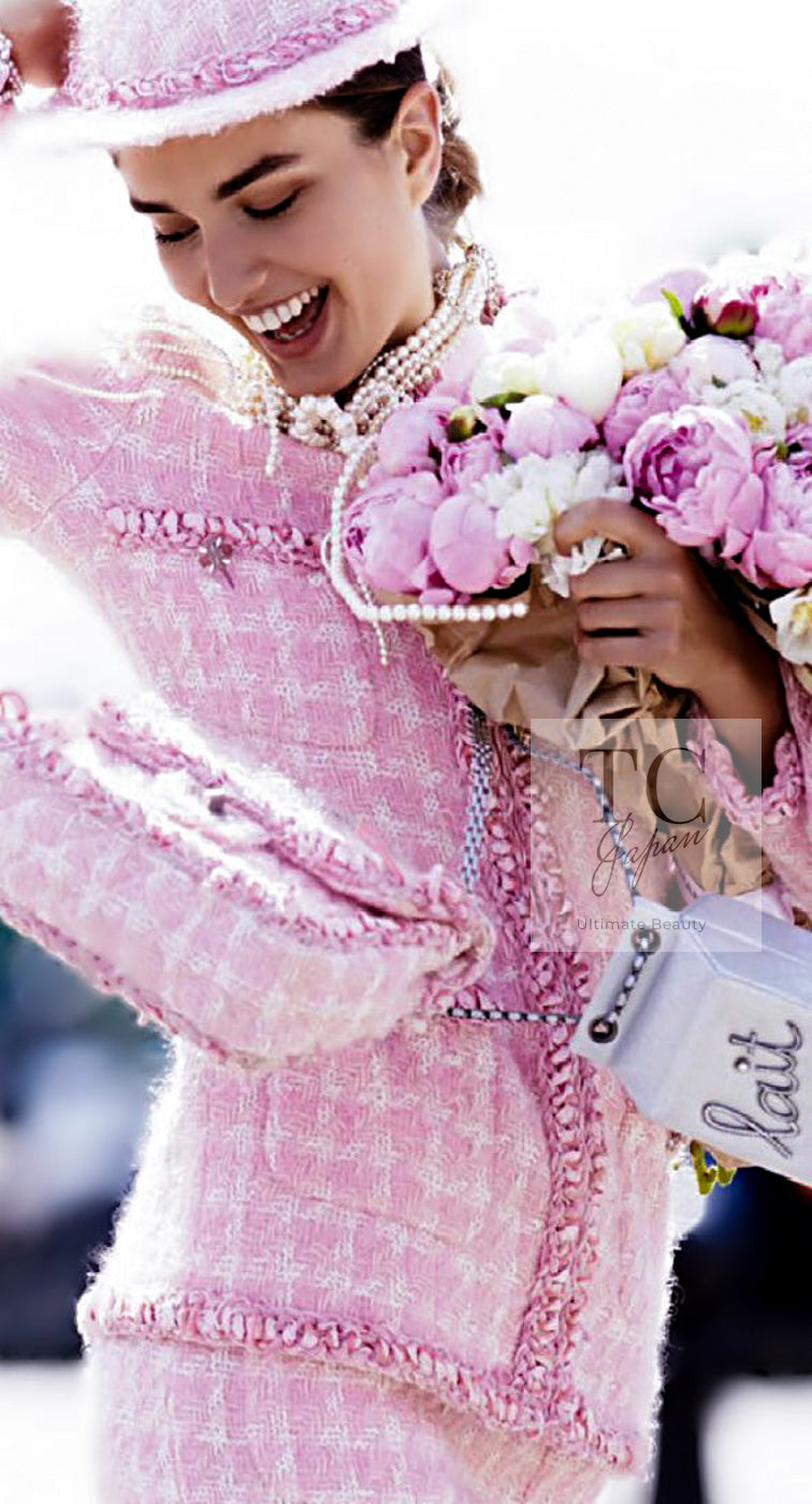 CHANEL 14A Pink White Wool Mohair Zipper Collarless Tweed Jacket 34 シャネル ピンク ホワイト ウール モヘア ジッパー ノーカラー ツイード ジャケット 即発