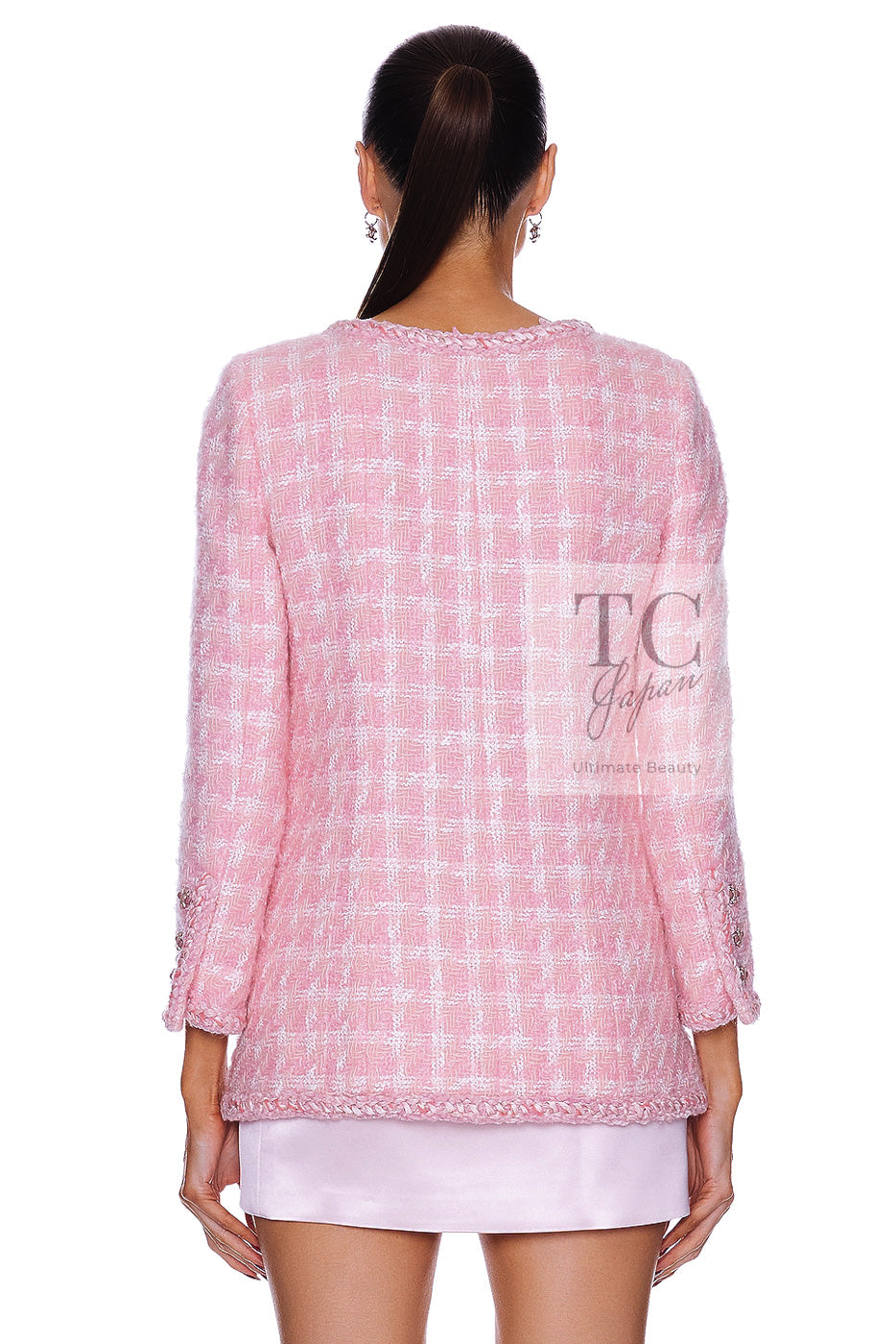 CHANEL 14A Pink White Wool Mohair Zipper Collarless Tweed Jacket 34 シャネル ピンク ホワイト ウール モヘア ジッパー ノーカラー ツイード ジャケット 即発