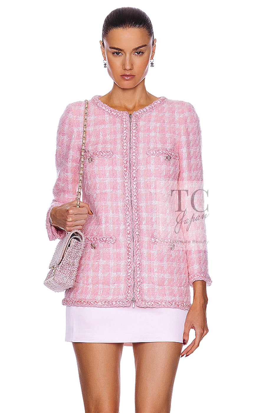 CHANEL 14A Pink White Wool Mohair Zipper Collarless Tweed Jacket 34 シャネル ピンク ホワイト ウール モヘア ジッパー ノーカラー ツイード ジャケット 即発