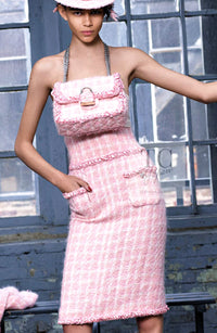 CHANEL 14A Pink White Wool Mohair Zipper Collarless Tweed Jacket 34 シャネル ピンク ホワイト ウール モヘア ジッパー ノーカラー ツイード ジャケット 即発