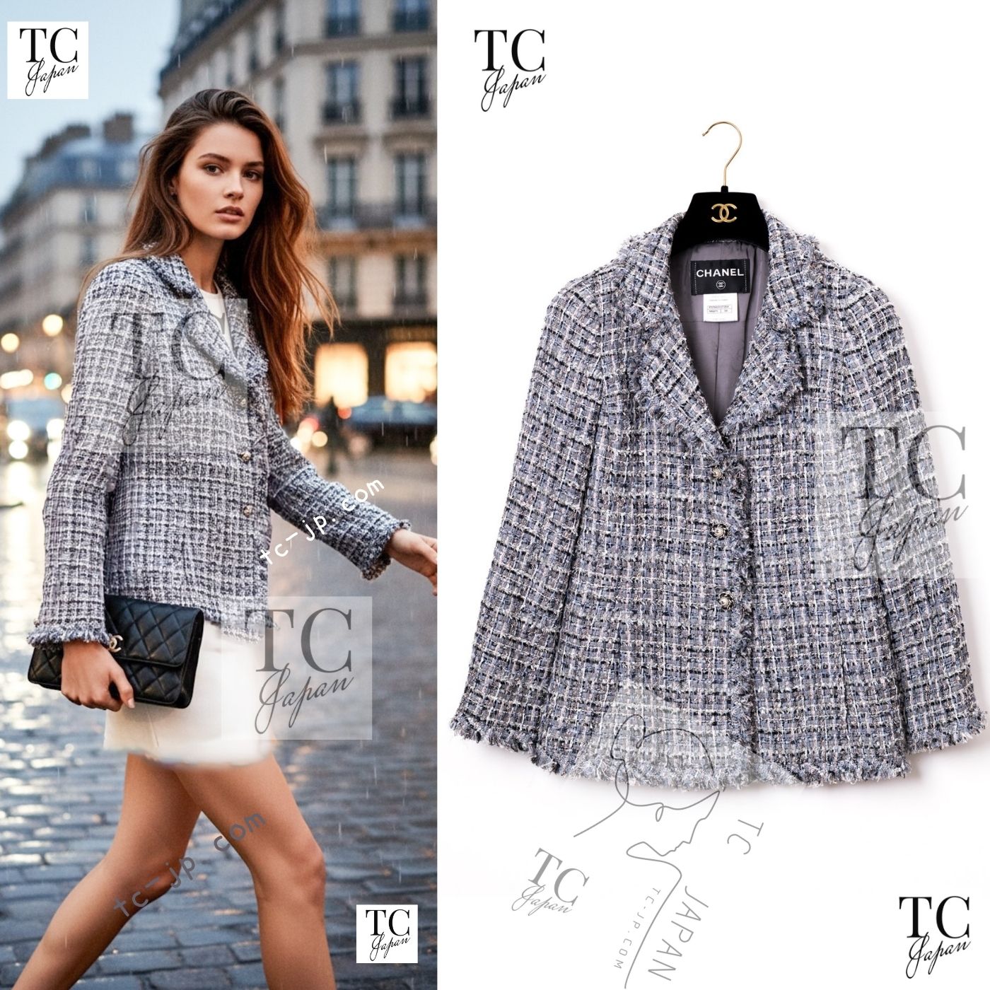 CHANEL 10S Gray Pearl Button Tweed Jacket 34 シャネル グレー パール ココボタン ツイード ジャケット 即発
