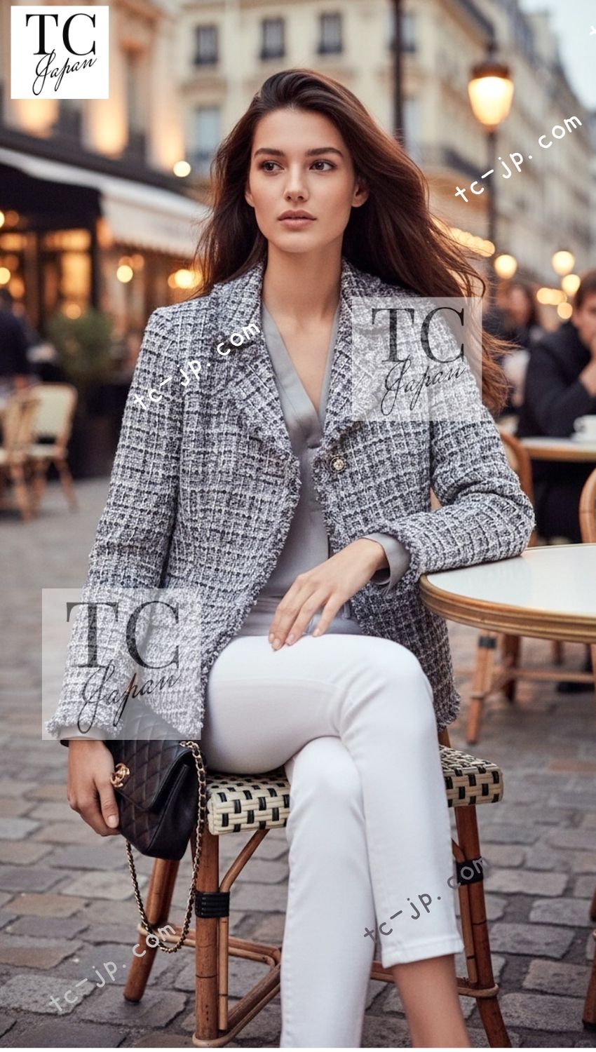 CHANEL 10S Gray Pearl Button Tweed Jacket 34 シャネル グレー パール ココボタン ツイード ジャケット 即発