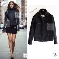 CHANEL 03A Dark Gray Cotton Denim KATE MOSS Knit Collar Front Zipper Jacket 38 シャネル ダーク グレー コットン デニム ニット 襟 フロント ジッパー ジャケット 即発