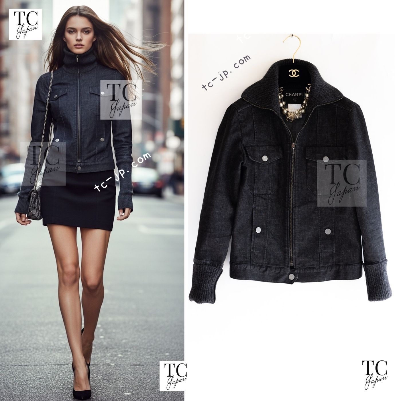CHANEL 03A Dark Gray Cotton Denim KATE MOSS Knit Collar Front Zipper Jacket 38 シャネル ダーク グレー コットン デニム ニット 襟 フロント ジッパー ジャケット 即発