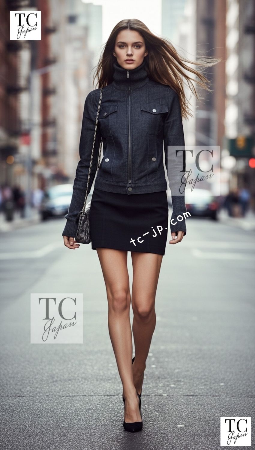 CHANEL 03A Dark Gray Cotton Denim KATE MOSS Knit Collar Front Zipper Jacket 38 シャネル ダーク グレー コットン デニム ニット 襟 フロント ジッパー ジャケット 即発