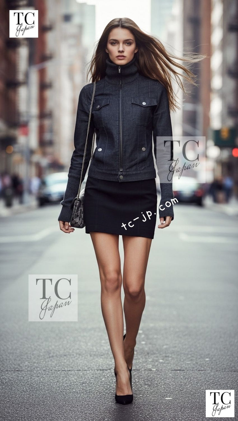 CHANEL 03A Dark Gray Cotton Denim KATE MOSS Knit Collar Front Zipper Jacket 38 シャネル ダーク グレー コットン デニム ニット 襟 フロント ジッパー ジャケット 即発