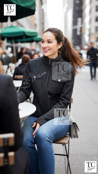 CHANEL 03A Dark Gray Cotton Denim KATE MOSS Knit Collar Front Zipper Jacket 38 シャネル ダーク グレー コットン デニム ニット 襟 フロント ジッパー ジャケット 即発