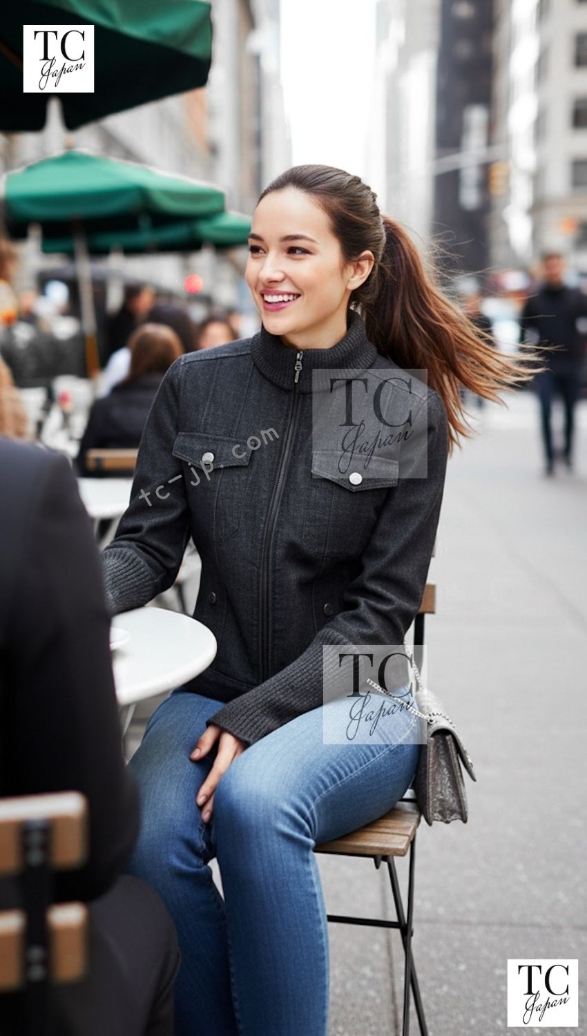 CHANEL 03A Dark Gray Cotton Denim KATE MOSS Knit Collar Front Zipper Jacket 38 シャネル ダーク グレー コットン デニム ニット 襟 フロント ジッパー ジャケット 即発