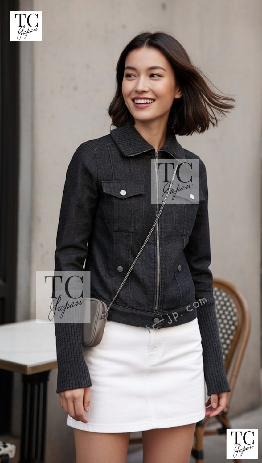 CHANEL 03A Dark Gray Cotton Denim KATE MOSS Knit Collar Front Zipper Jacket 38 シャネル ダーク グレー コットン デニム ニット 襟 フロント ジッパー ジャケット 即発
