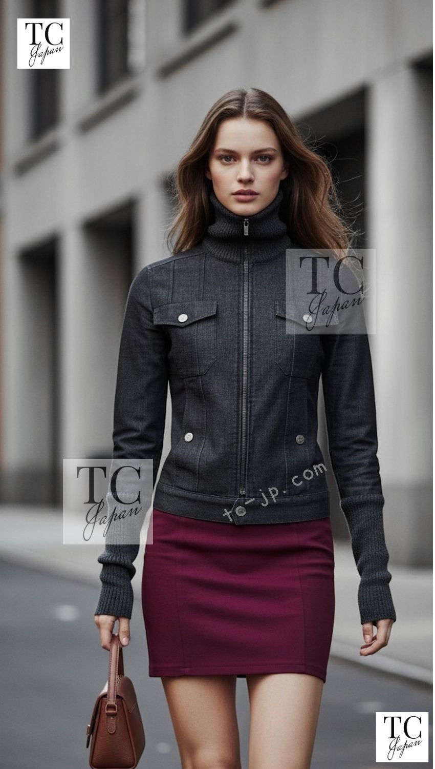 CHANEL 03A Dark Gray Cotton Denim KATE MOSS Knit Collar Front Zipper Jacket 38 シャネル ダーク グレー コットン デニム ニット 襟 フロント ジッパー ジャケット 即発