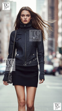 CHANEL 03A Dark Gray Cotton Denim KATE MOSS Knit Collar Front Zipper Jacket 38 シャネル ダーク グレー コットン デニム ニット 襟 フロント ジッパー ジャケット 即発