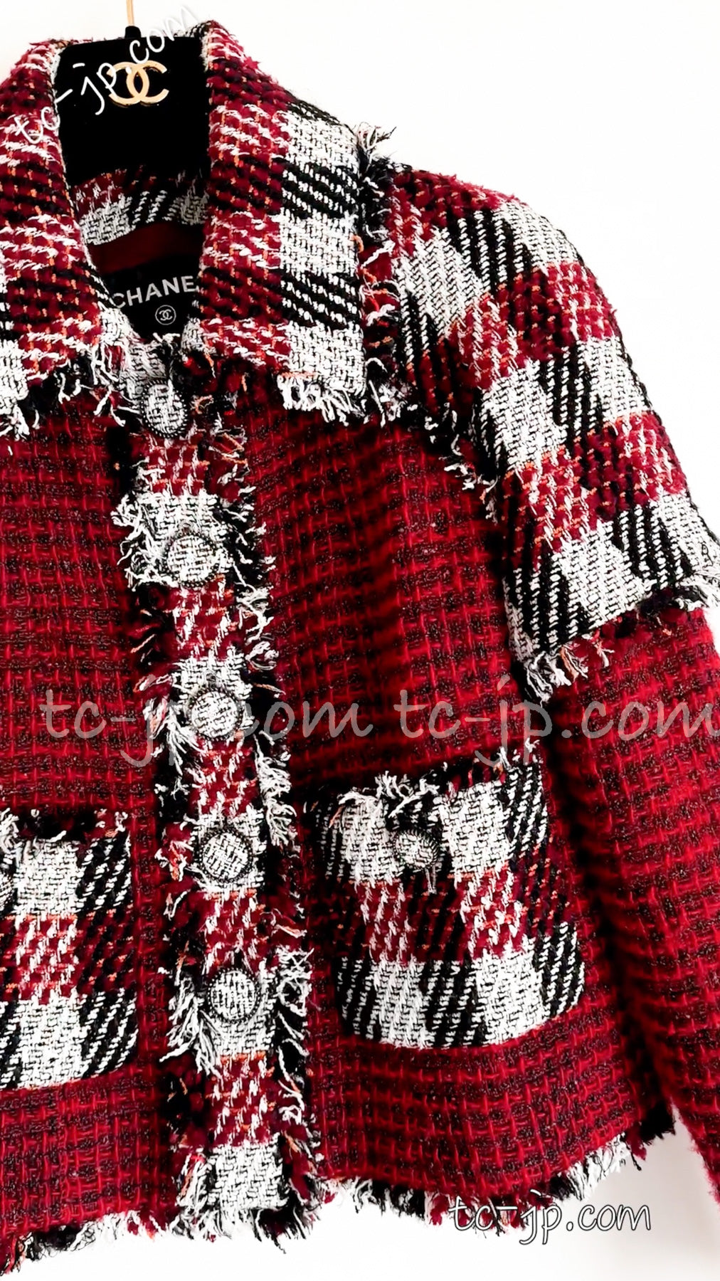 シャネル ジャケット CHANEL レッド チェック ウール ツイード 16A Red 
