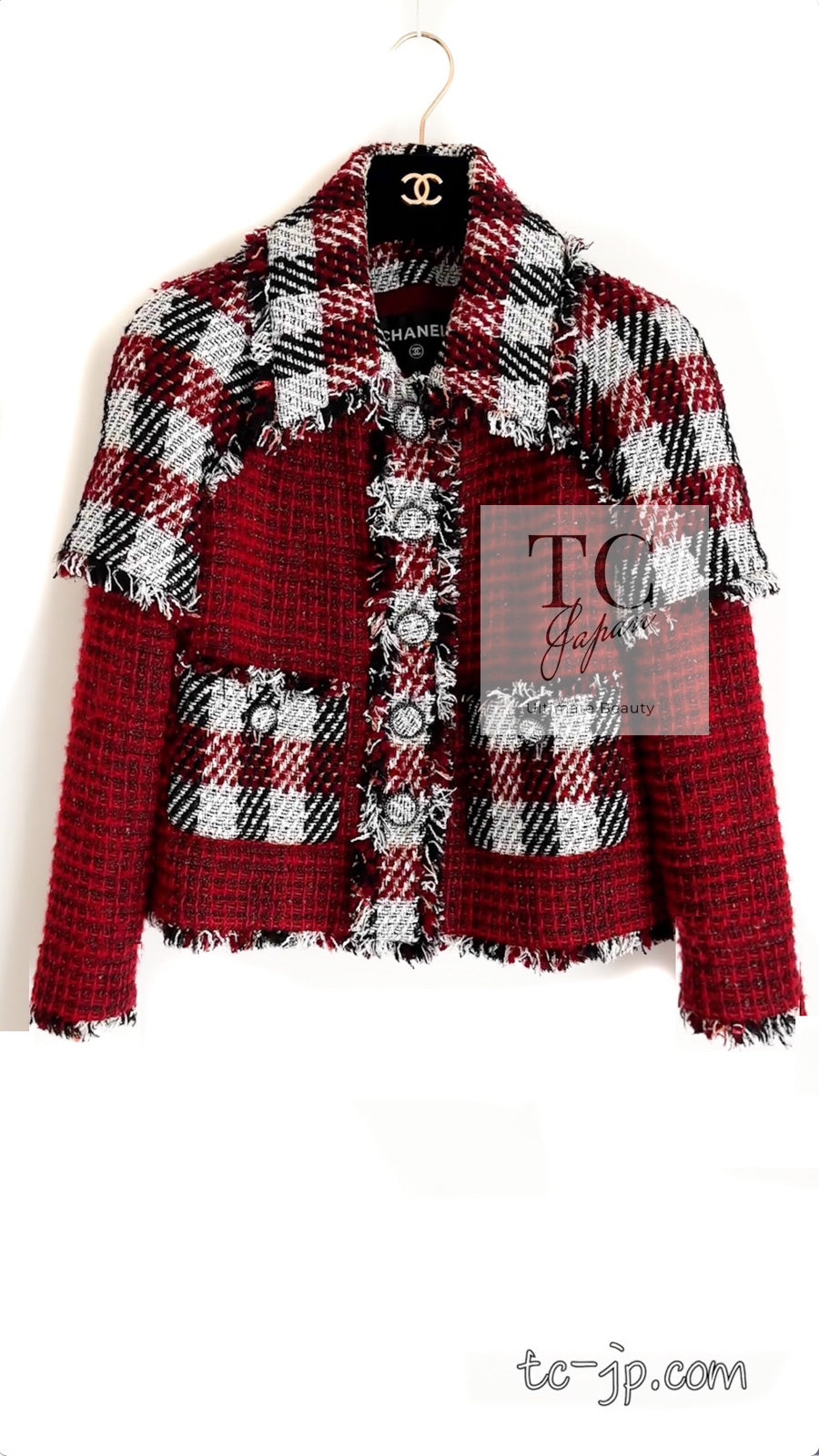 シャネル ジャケット CHANEL レッド チェック ウール ツイード 16A Red 
