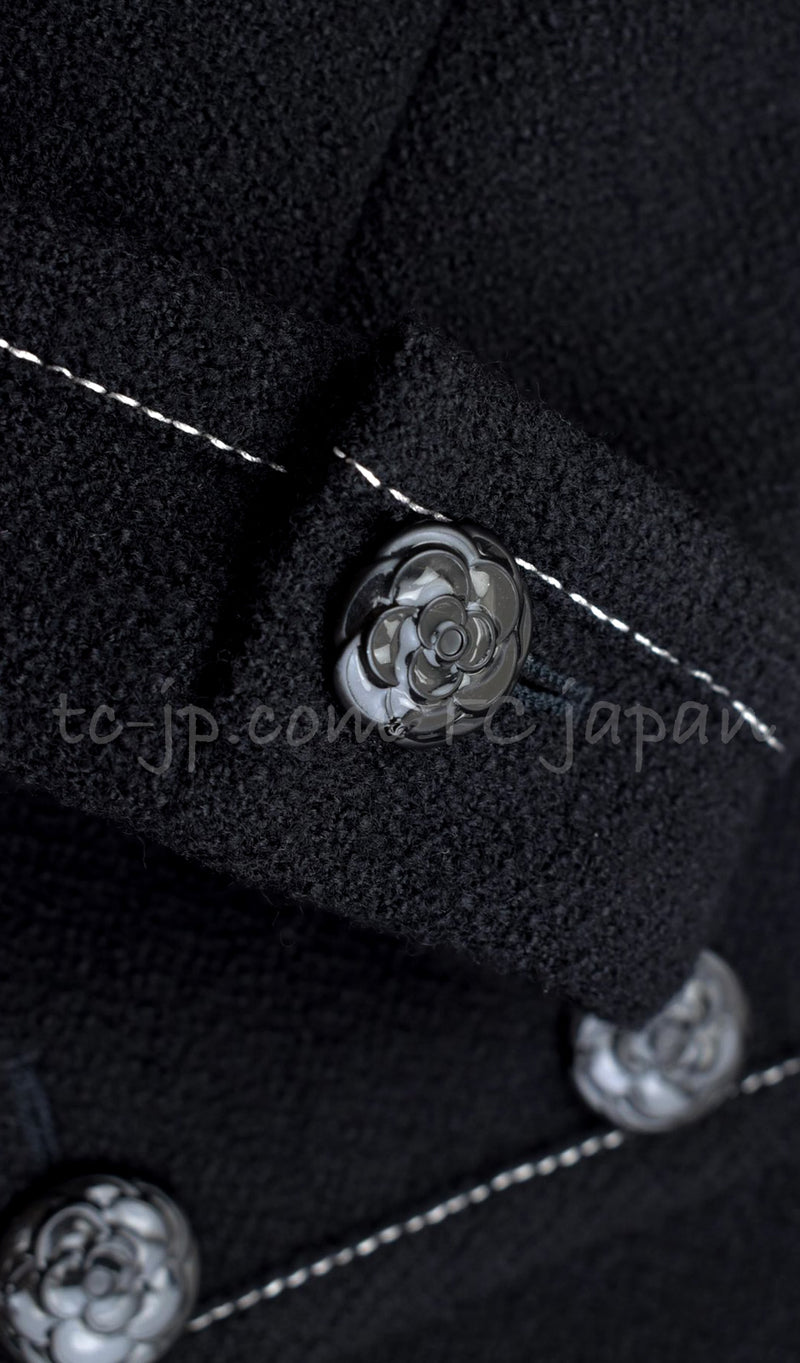 CHANEL 15A Black White Stitch Camellia Button Wool Tweed Jacket 42 シャネル ブラック ホワイト ステッチ カメリア ボタン ウール ツイード ジャケット 即発