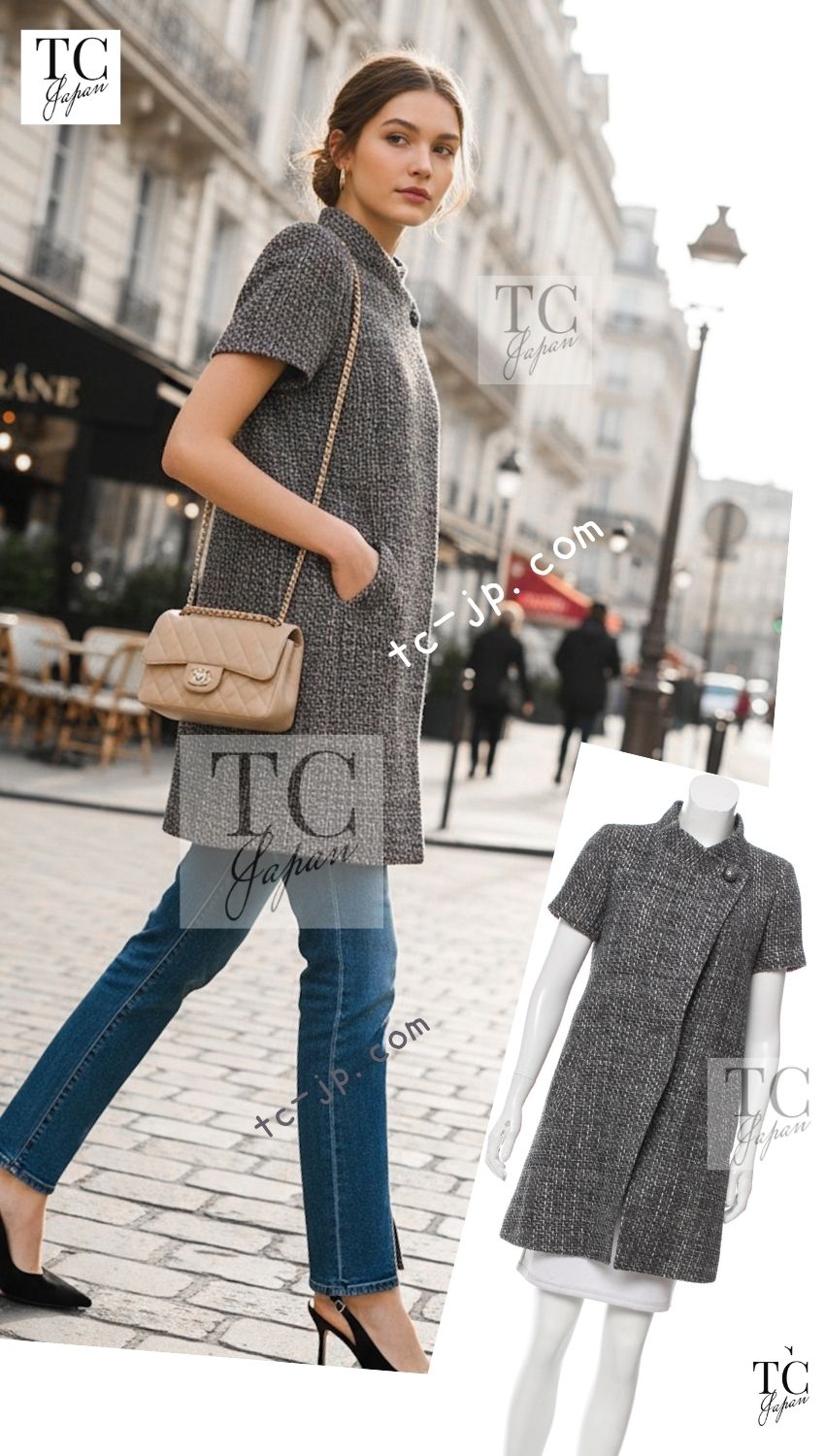 シャネル ジャケット コート CHANEL 15S グレー スタンドカラー スプリング 半袖 34