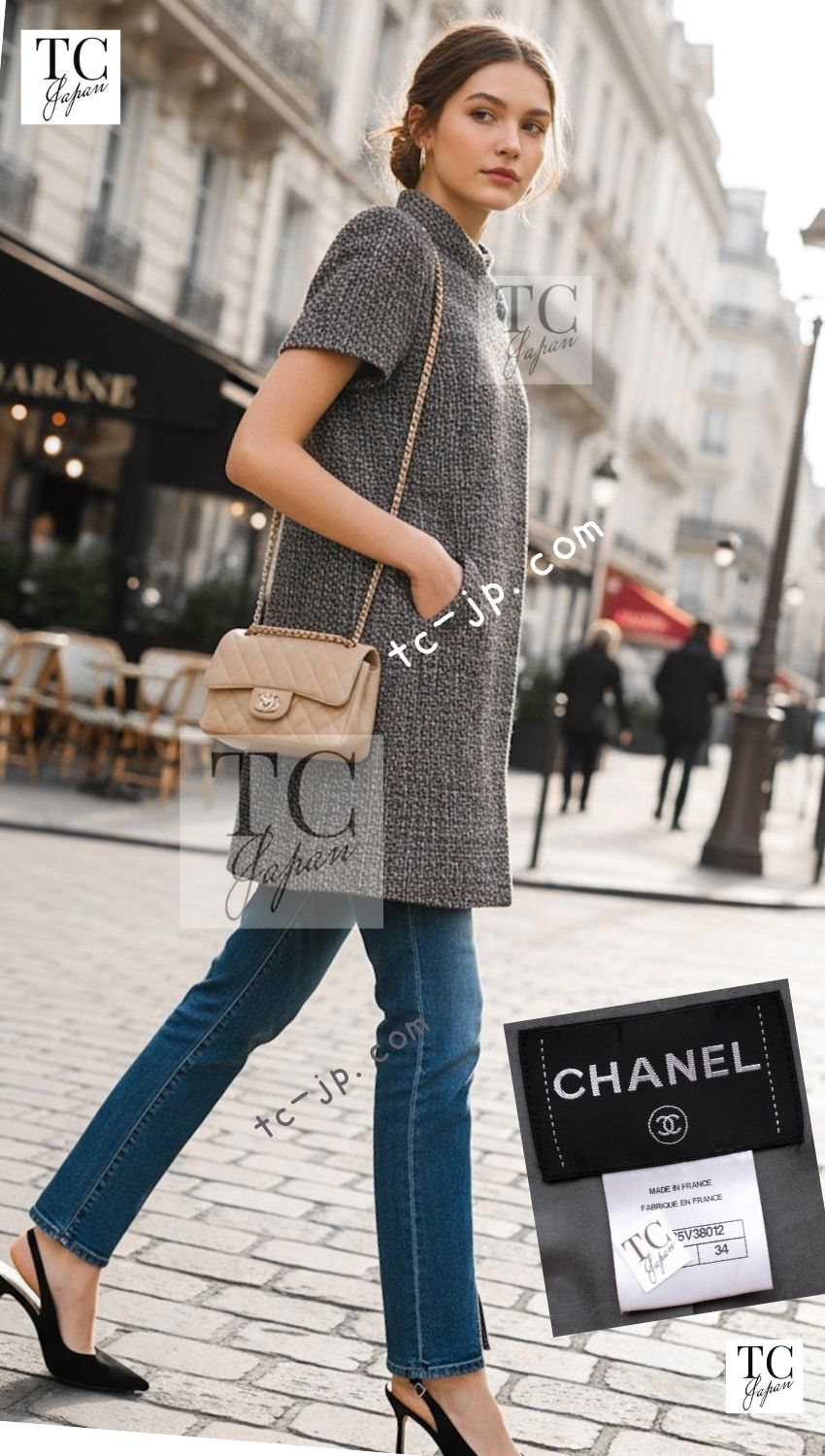 シャネル ジャケット コート CHANEL 15S グレー スタンドカラー スプリング 半袖 34
