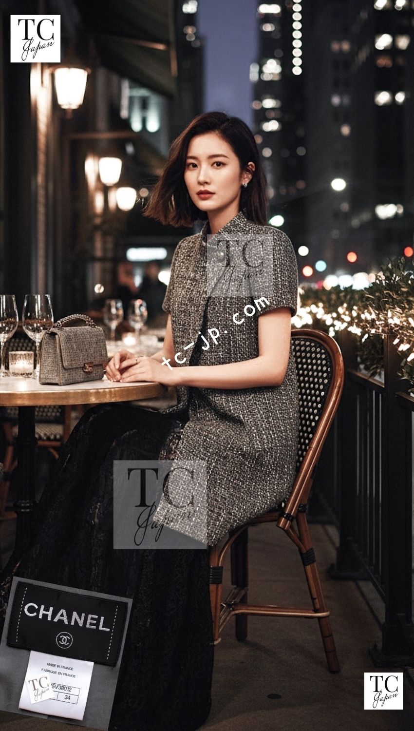 シャネル ジャケット コート CHANEL 15S グレー スタンドカラー スプリング 半袖 34