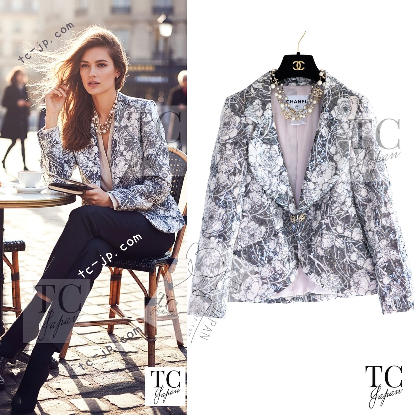 CHANEL 09C Gray Pale Pink Sequins Camellia Pattern Jacket 34 シャネル グレー ペール ピンク スパンコール カメリア柄 ジャケット 即発