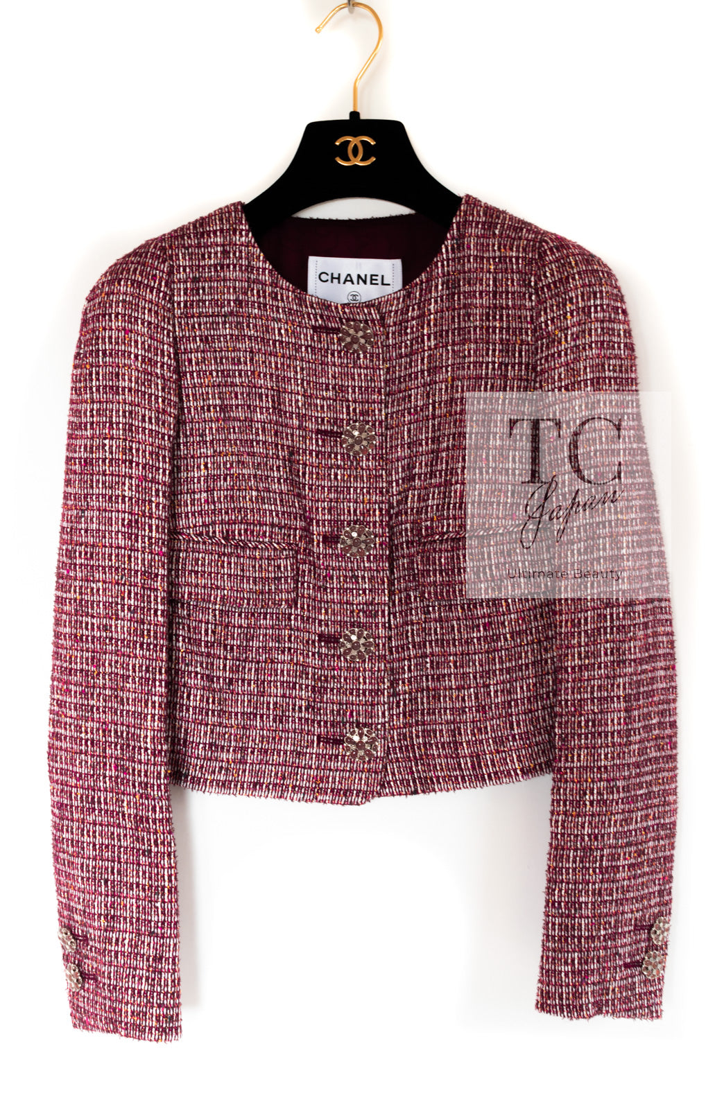 CHANEL 15C Red Multi Gripoix Button Tweed Jacket 36 38 シャネル レッド マルチカラー グリポア 宝石 ボタン ツイード ジャケット 即発