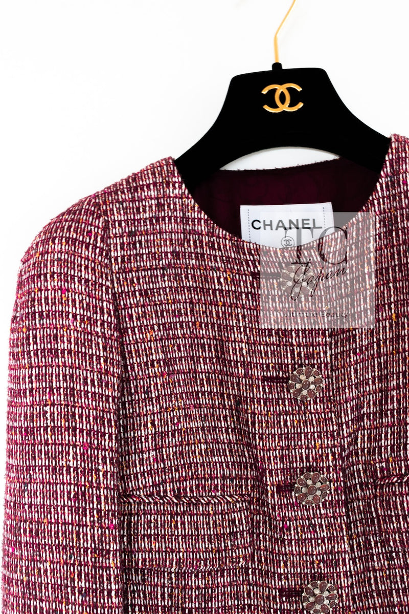 CHANEL 15C Red Multi Gripoix Button Tweed Jacket Skirt Suit 34 シャネル レッド マルチカラー グリポア 宝石 ボタン ツイード ジャケット スカート スーツ 即発