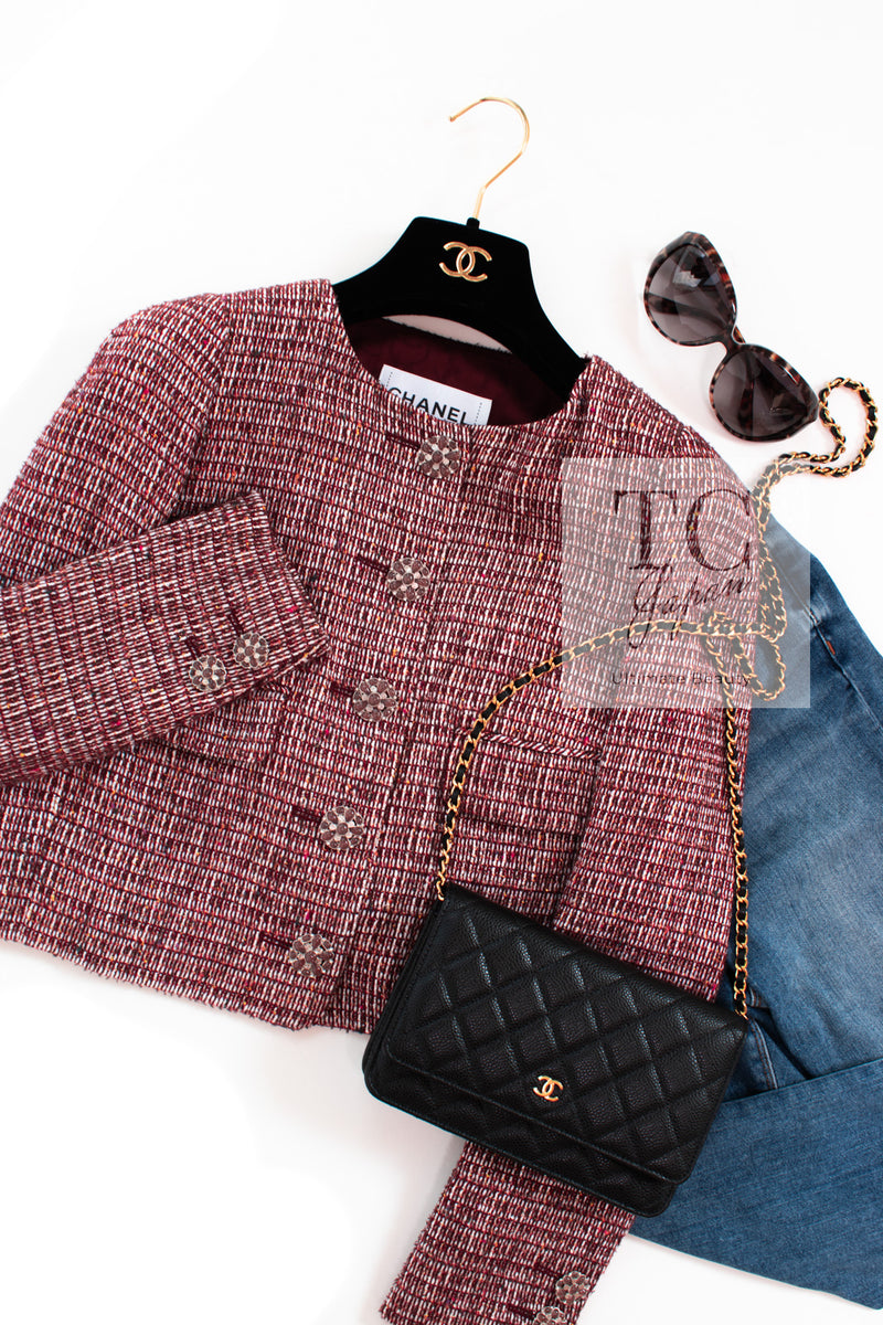 CHANEL 15C Red Multi Gripoix Button Tweed Jacket Skirt Suit 34 シャネル レッド マルチカラー グリポア 宝石 ボタン ツイード ジャケット スカート スーツ 即発