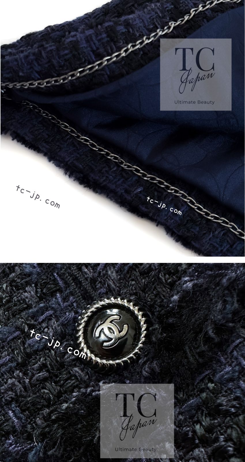 CHANEL 07S Dark Navy Black Fringe Linen Tweed Jacket Skirt Suit 40 シャネル ダークネイビー ブラック フリンジ リネン 麻混 ツイード ジャケット スカート スーツ