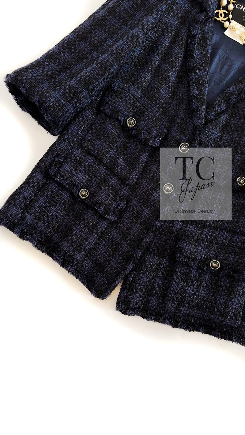 CHANEL 07S Dark Navy Black Fringe Linen Tweed Jacket 46 シャネル ダークネイビー ブラック フリンジ リネン 麻混 ツイード ジャケット 即発