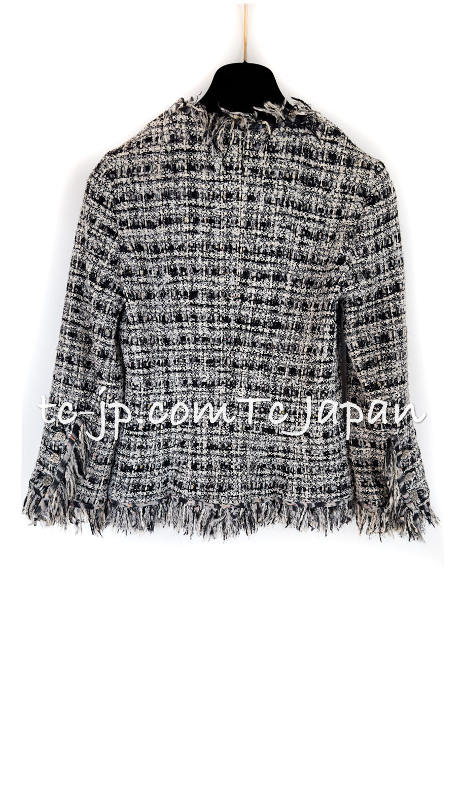 CHANEL 04S Ivory Black Fringed Tweed Cardigan Jacket 34 シャネル アイボリー ブラック フリンジ ツイード カーディガン ジャケット 即発