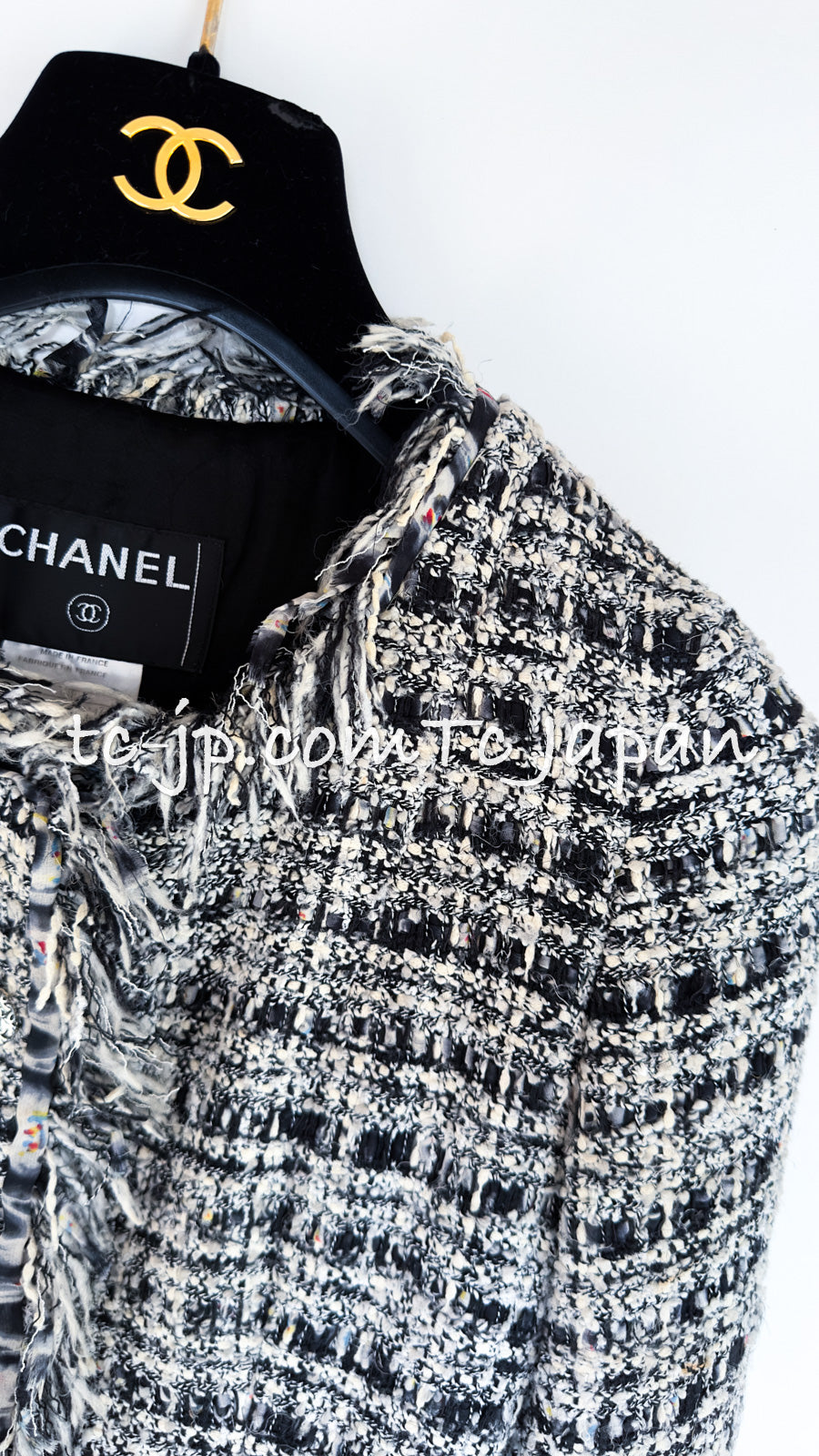 CHANEL 04S Ivory Black Fringed Tweed Cardigan Jacket 34 シャネル アイボリー ブラック フリンジ ツイード カーディガン ジャケット 即発