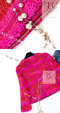 CHANEL 01C Coral Hot Pink Orange Border Tweed Candy Jacket 36 42 シャネル コーラル ホット ピンク オレンジ ボーダー ツイード キャンディー ジャケット 即発