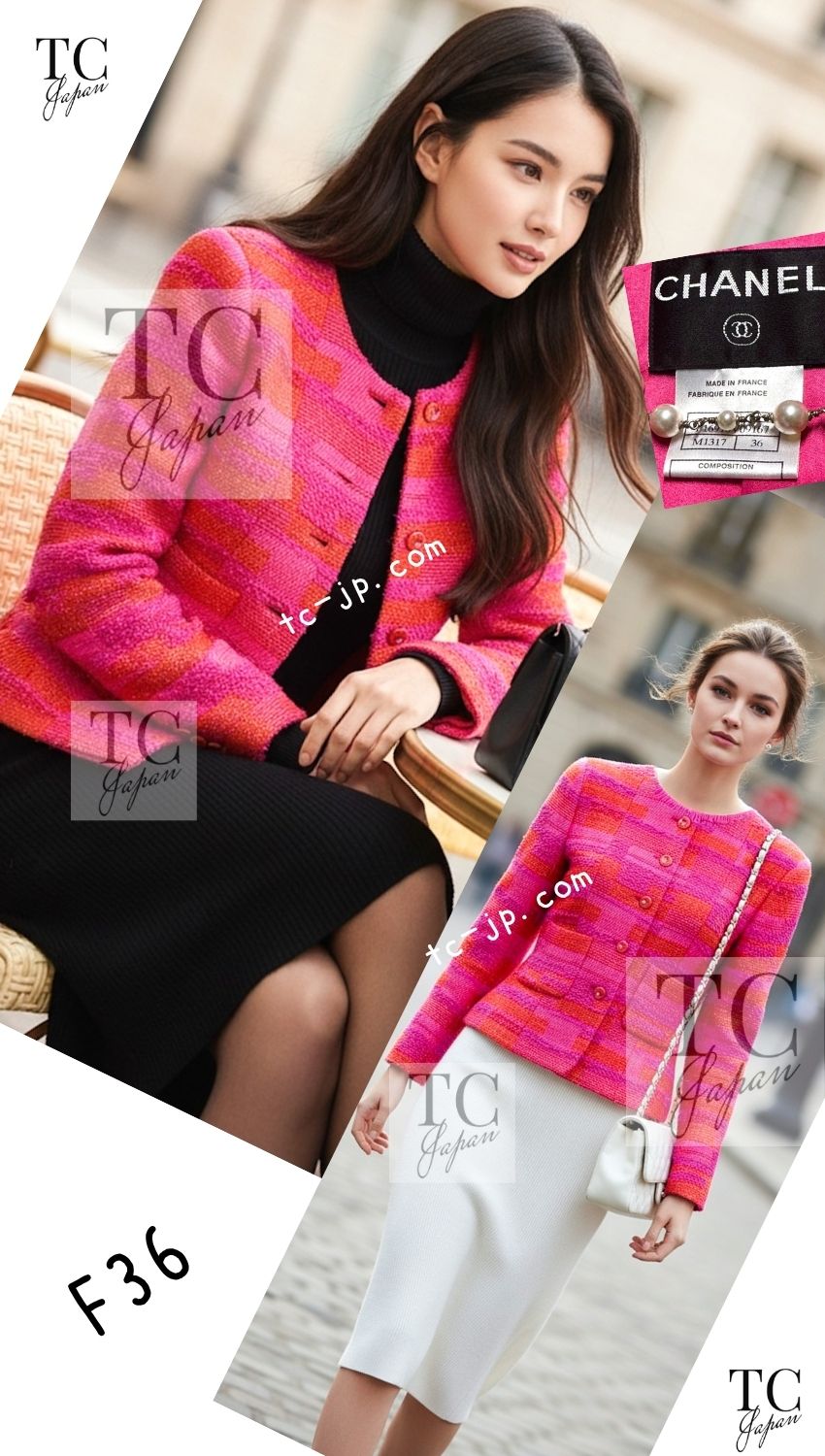 CHANEL 01C Coral Hot Pink Orange Border Tweed Candy Jacket 36 シャネル コーラル ホット ピンク オレンジ ボーダー ツイード キャンディー ジャケット 即発