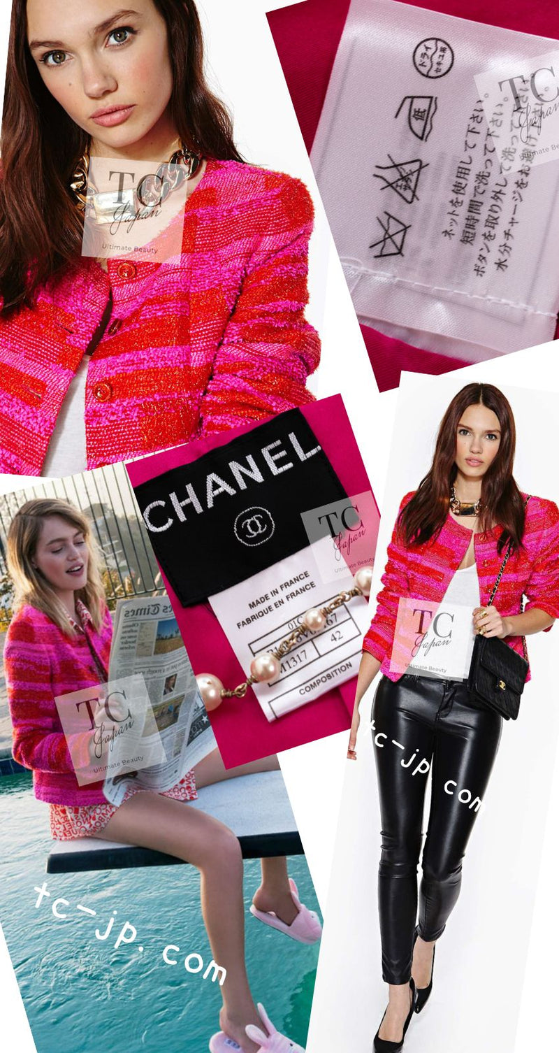 CHANEL 01C Coral Hot Pink Orange Border Tweed Candy Jacket 36 42 シャネル コーラル ホット ピンク オレンジ ボーダー ツイード キャンディー ジャケット 即発