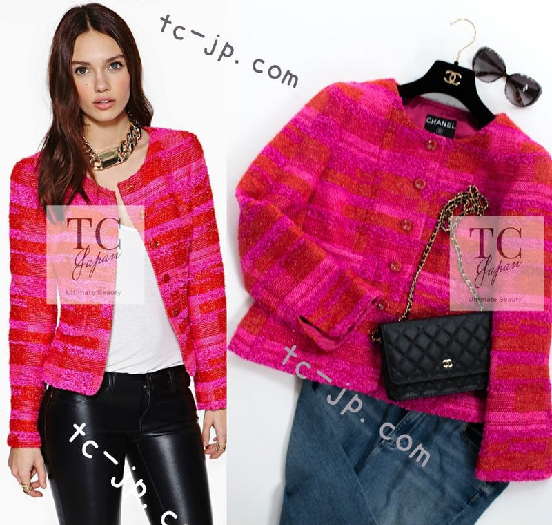 CHANEL 01C Coral Hot Pink Orange Border Tweed Candy Jacket 36 42 シャネル コーラル ホット ピンク オレンジ ボーダー ツイード キャンディー ジャケット 即発