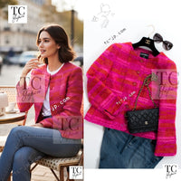 CHANEL 01C Coral Hot Pink Orange Border Tweed Candy Jacket 36 シャネル コーラル ホット ピンク オレンジ ボーダー ツイード キャンディー ジャケット 即発